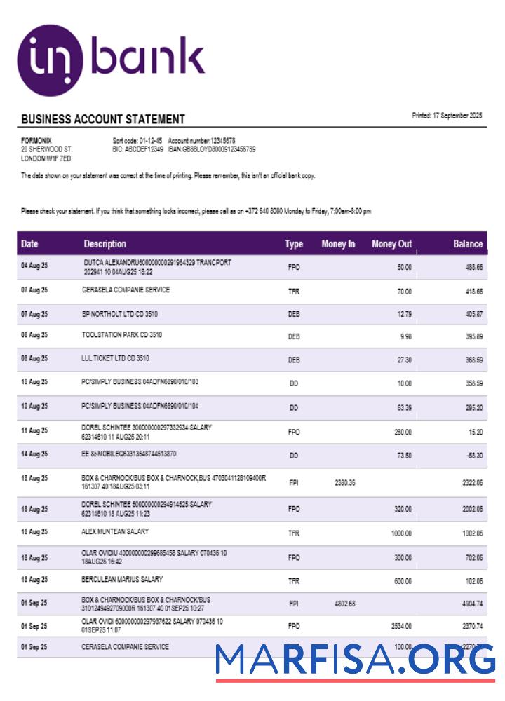 Downloadable Inbank business firm account statement Word snd PDF format example